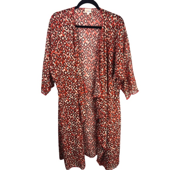 LuLaRoe Tops - LuLaRoe Kimono Cardigan Red Black Geometric Print Sheer Open Front L